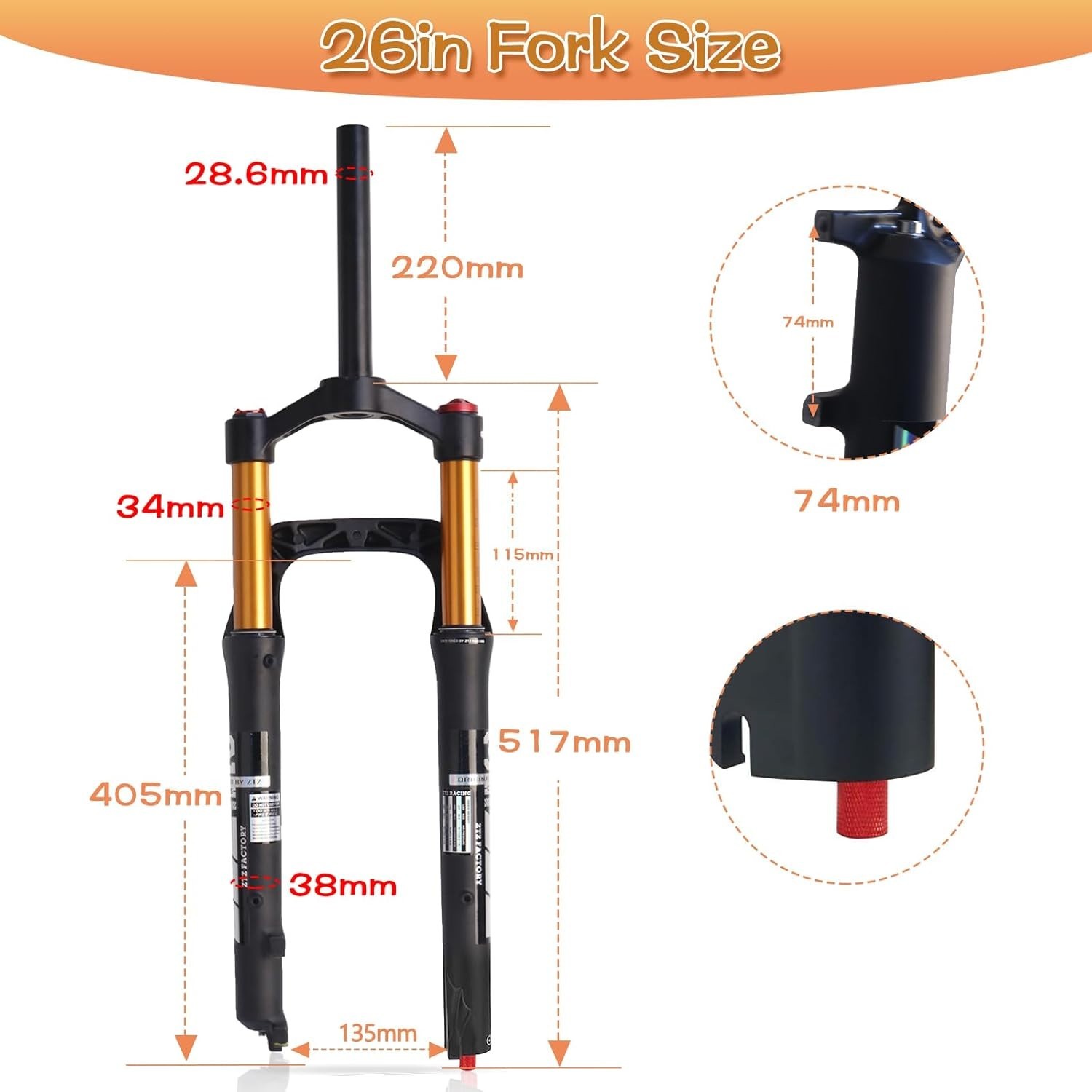 ZTZ 26″ Fat Tire MTB Air Suspension Fork, for Snow Beach XC Mountain Bike – HOT