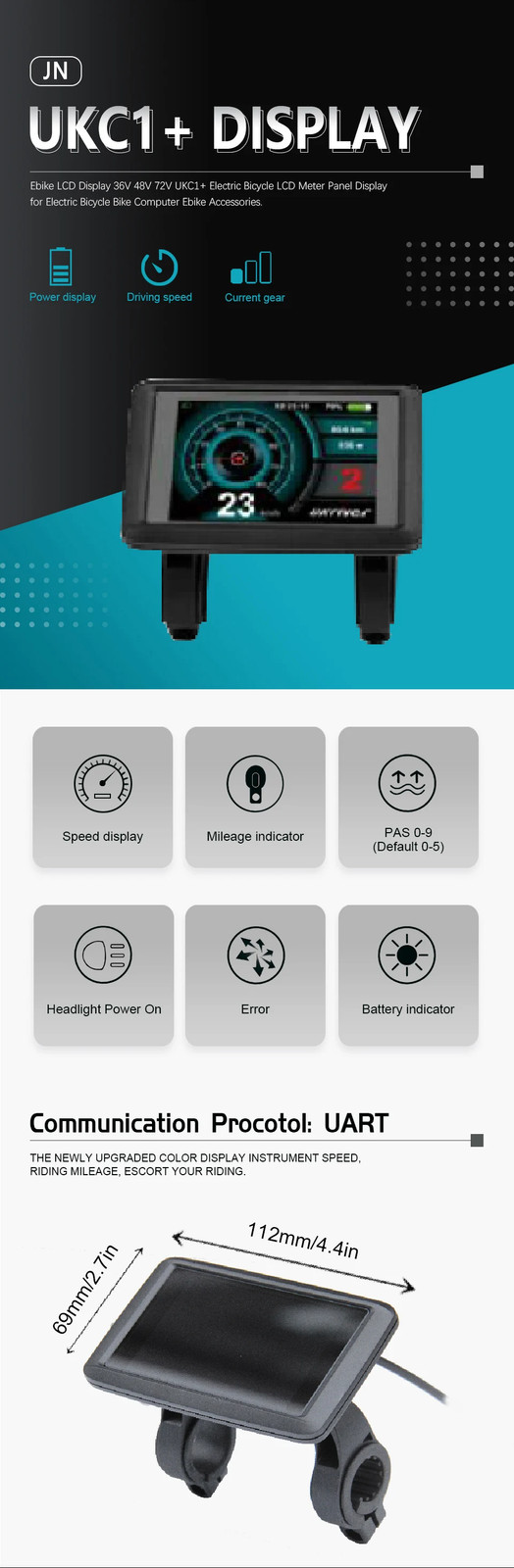 Electric Bicycle Display 24V 36V 48V 52V 60V 72V Display SM/Waterproof Plug
