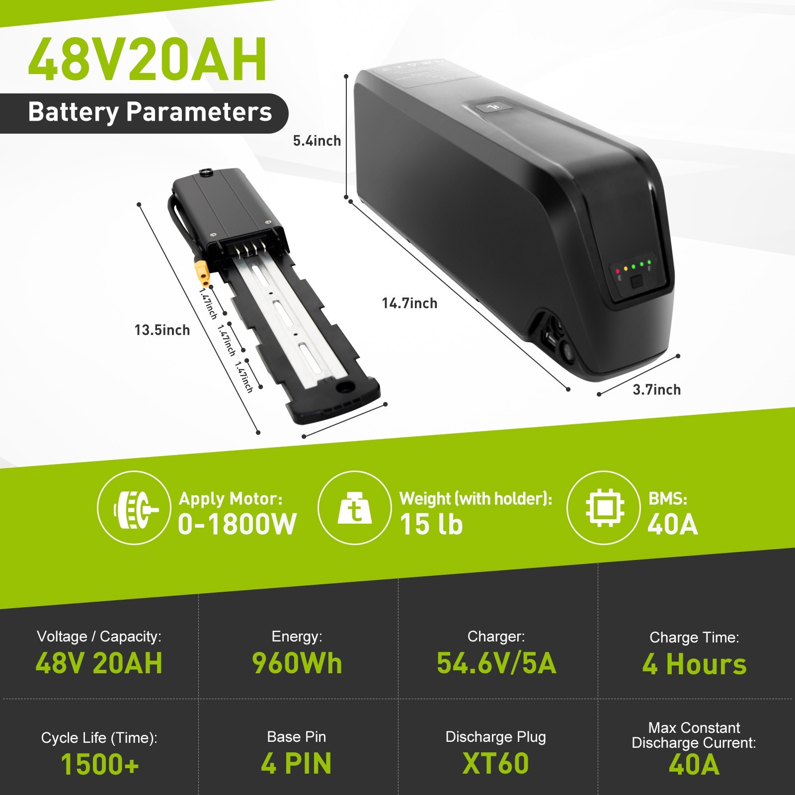 48V eBike Battery 20AH/15AH/10AH Lithium Battery For Electric Bike 0-1800W Motor
