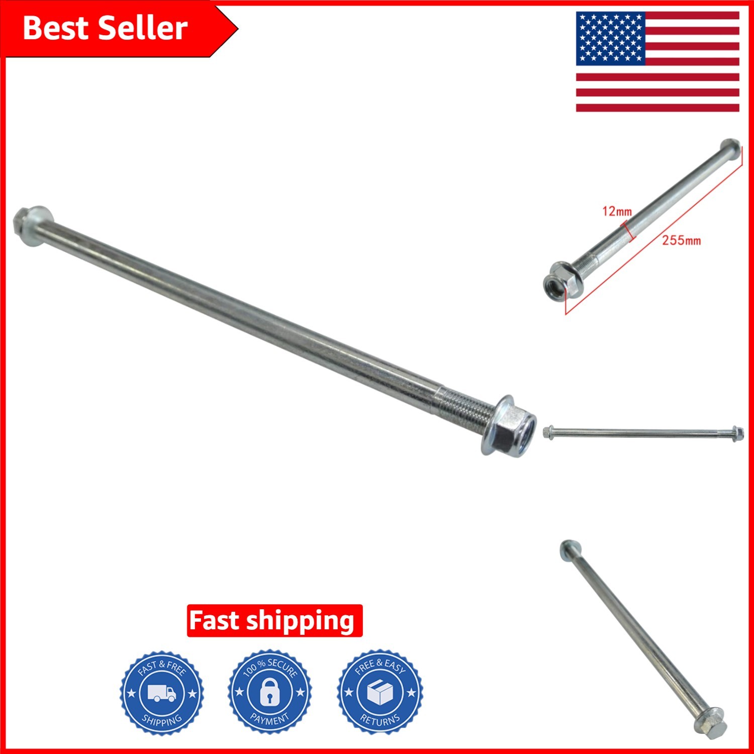 High-Performance 12mm Rear Axle 255mm for Dirt Bikes and ATVs – Safe & Reliable