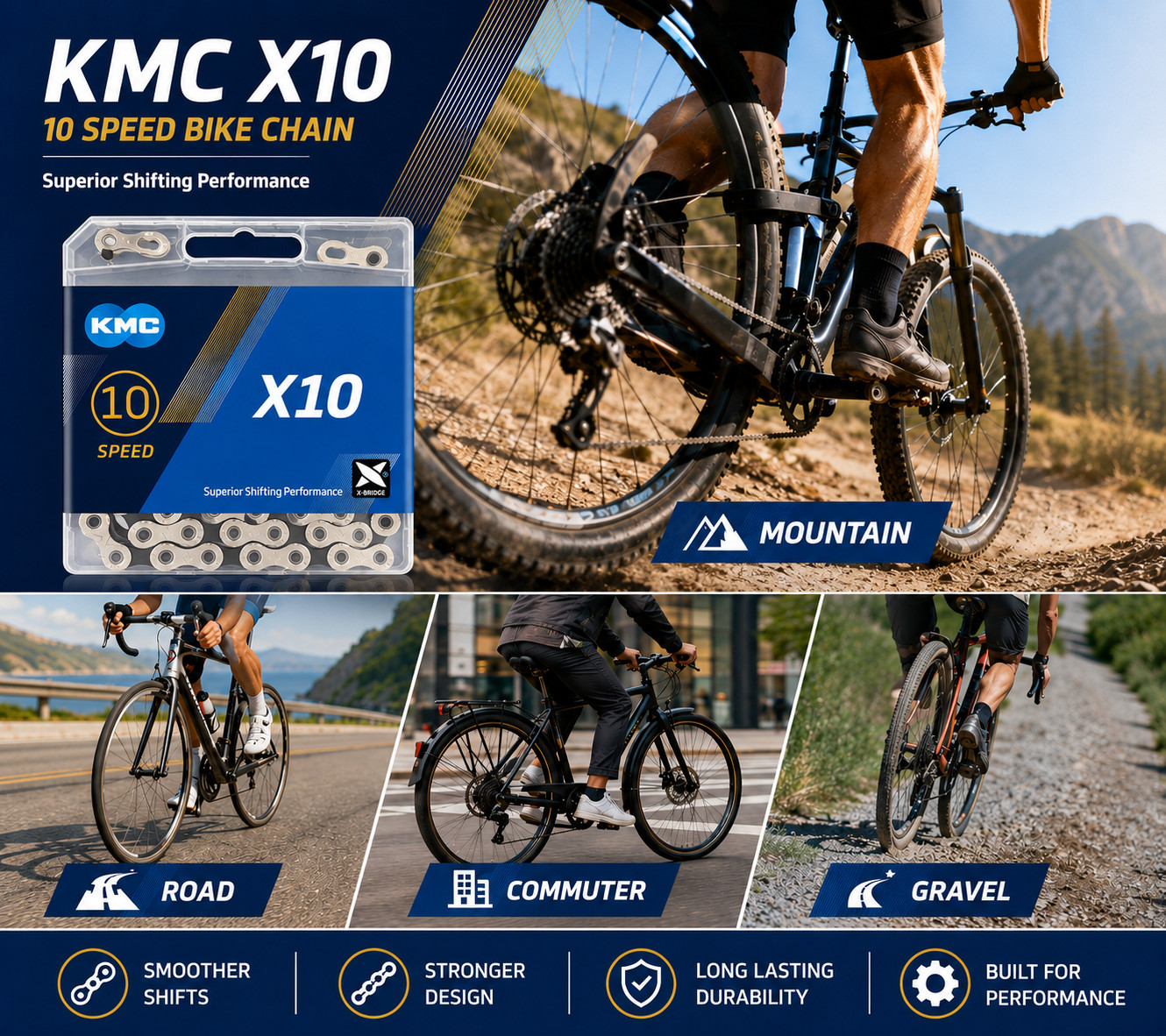 10 Speed Bike Chain 116 Links 1/2» x 11/128» Bicycle Chain KMC X10 Compatible