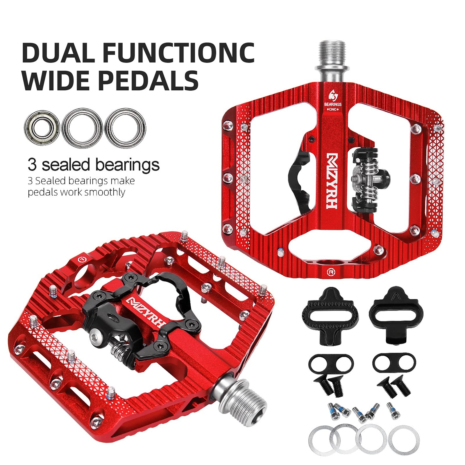 MZYRH MTB Mountain Bike Pedals 3 Bearing Flat Platform Compatible with Dual F…